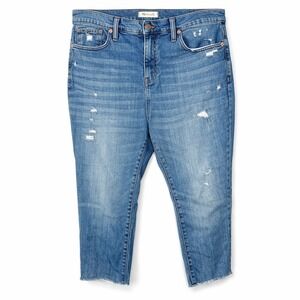 Madewell The Slim Boyjean Women Size 34 Medium Wash‎ Distressed Cropped Denim